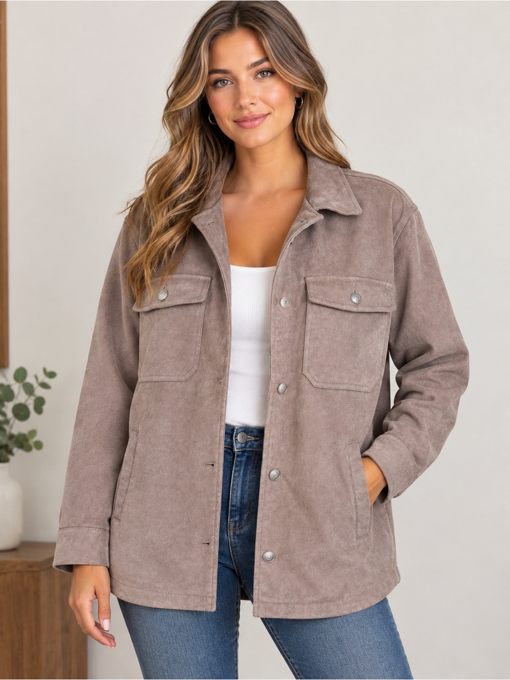 Women's Taupe Suede Shacket Jacket - Casual Button-Up